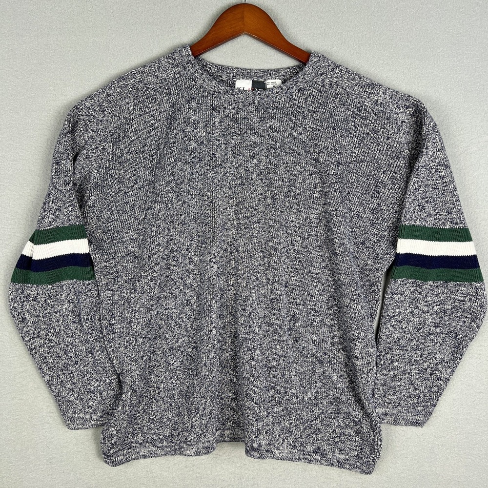VTG Marled Gray Raglan Sweater XL Boxy Baggy Knit Striped Arms Cotton Ramie
